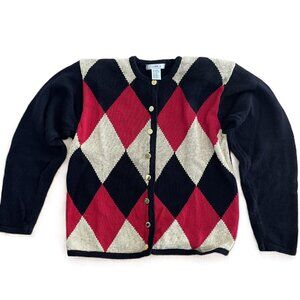 VTG Lise J. Harlequin Argyle Button Down Cardigan - Red Black Gold – Size Medium